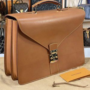 LOUIS VUITTON 15" Tan Full Vachetta Lawyer Prof CEO Briefcase Attache Bag Mens